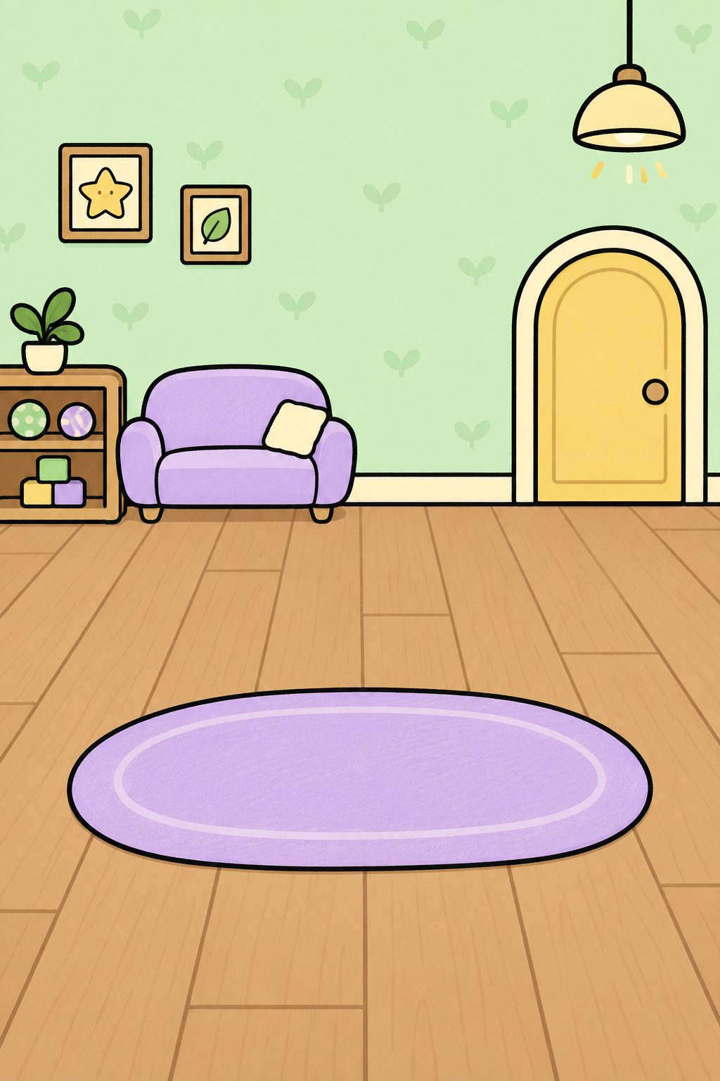 A cozy playroom with a sofa, plants and toys